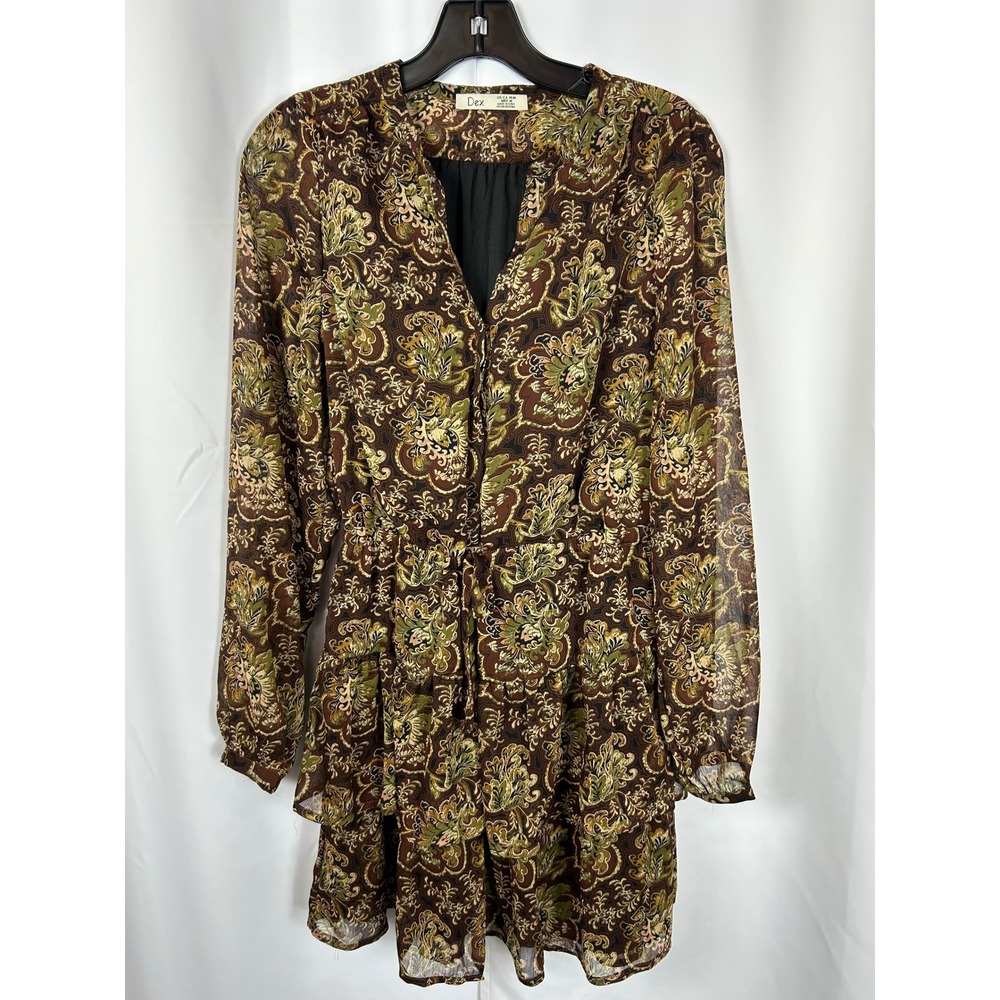 Dex Boho Paisley Tiered Mini Dress Brown Green Long Sleeve Tie Waist Medium